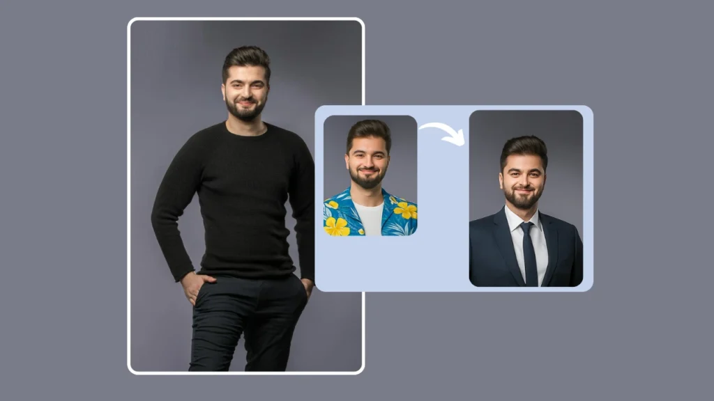 PiktID mostra la trasformazione di un outfit da una camicia casual da vacanza con stampa floreale a un abito formale da lavoro. Una prova virtuale mostra come l'intelligenza artificiale può cambiare istantaneamente lo stile di un modello.