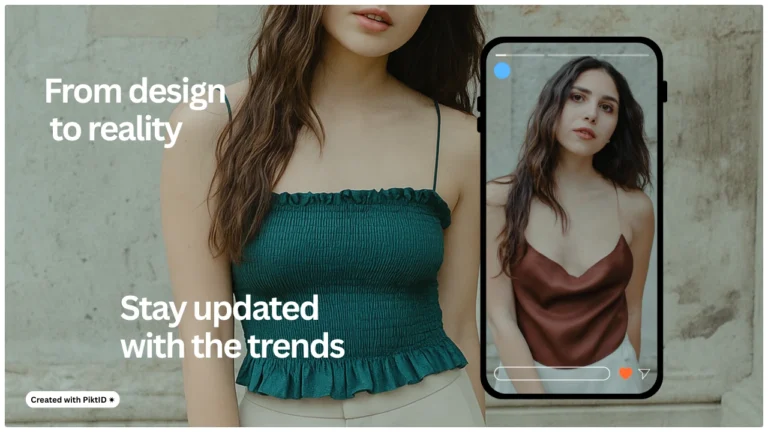 Modelo de ropa con IA que muestra cambios de atuendo en tiempo real, pasando de una blusa verde a una camisola sedosa color granate en una vista previa de la aplicación móvil. Tecnología de prueba virtual de ropa que destaca las últimas tendencias de la moda digital.