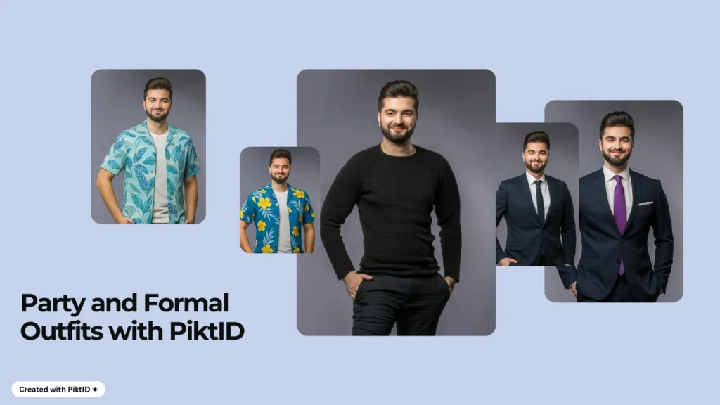 Modello che indossa diversi outfit per feste ed eventi formali, dalle camicie con stampe tropicali ai completi sartoriali. Prova virtuale di abiti che mette in mostra la versatilità degli outfit con PiktID.