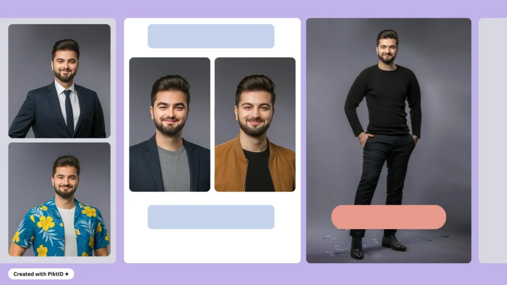 Collage di un modello maschile che mostra diversi outfit, tra cui un tailleur formale, un blazer casual con t-shirt, una giacca marrone, una camicia hawaiana e un look total body in abito nero, ideale per la moda maschile, l'ispirazione per lo stile e le idee per gli outfit.