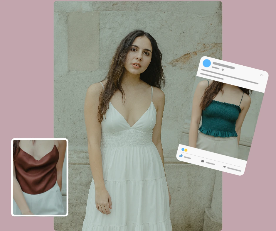 Collage di moda che ritrae una donna che indossa un abito estivo bianco, con immagini inserite di lei che indossa una canotta in raso bordeaux e un top verde arricciato con pantaloni beige, il tutto inserito in un layout di post sui social media per ispirare la moda e gli outfit femminili.