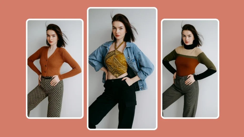 Una donna con i capelli corti e scuri indossa tre diversi outfit ispirati all'autunno, tra cui un cardigan color ruggine, una giacca di jeans con top fantasia e un dolcevita color-block. Il collage mette in risalto uno sfondo minimalista da studio e uno stile casual alla moda.