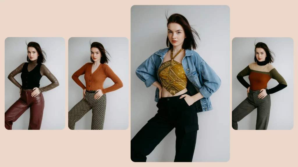 Una giovane donna posa con quattro outfit eleganti, che spaziano da pantaloni e maglieria a fantasia a una giacca di jeans con un top corto. Le immagini sono disposte in un layout moderno con toni neutri e tenui.