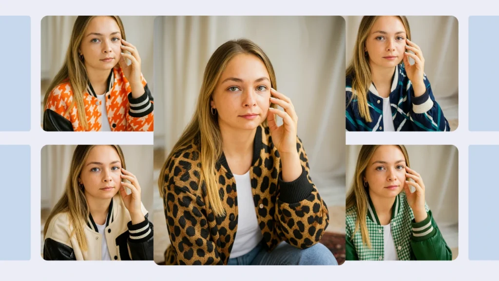Una donna bionda presenta cinque varianti di outfit, con giacche a fantasia, colori neutri e stampe colorate. Il collage enfatizza le espressioni facciali e lo stile dei capispalla in un ambiente interno luminoso.