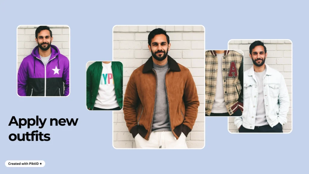 Un uomo è in piedi al centro e indossa una giacca marrone, mentre immagini più piccole intorno a lui mostrano outfit alternativi come felpe con cappuccio e bomber. Il design promuove cambi di outfit virtuali e stili di moda creati utilizzando l'intelligenza artificiale.