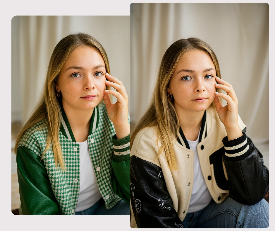 Una giovane donna bionda posa con due diverse giacche in stile college, una verde e una color crema con maniche nere. La disposizione affiancata mette in risalto il confronto degli outfit e la varietà di stili.