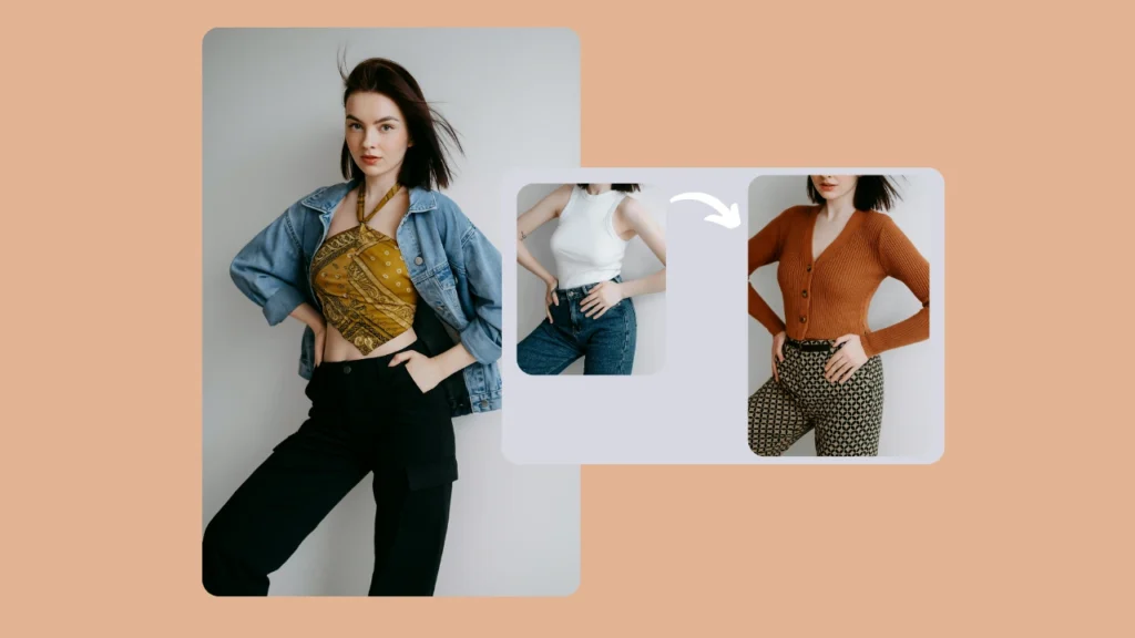 L'immagine centrale di una donna con giacca di jeans e top corto è abbinata a foto più piccole che la ritraggono con top e pantaloni diversi. L'immagine evidenzia il cambio di outfit digitale con una freccia che indica la trasformazione del guardaroba.