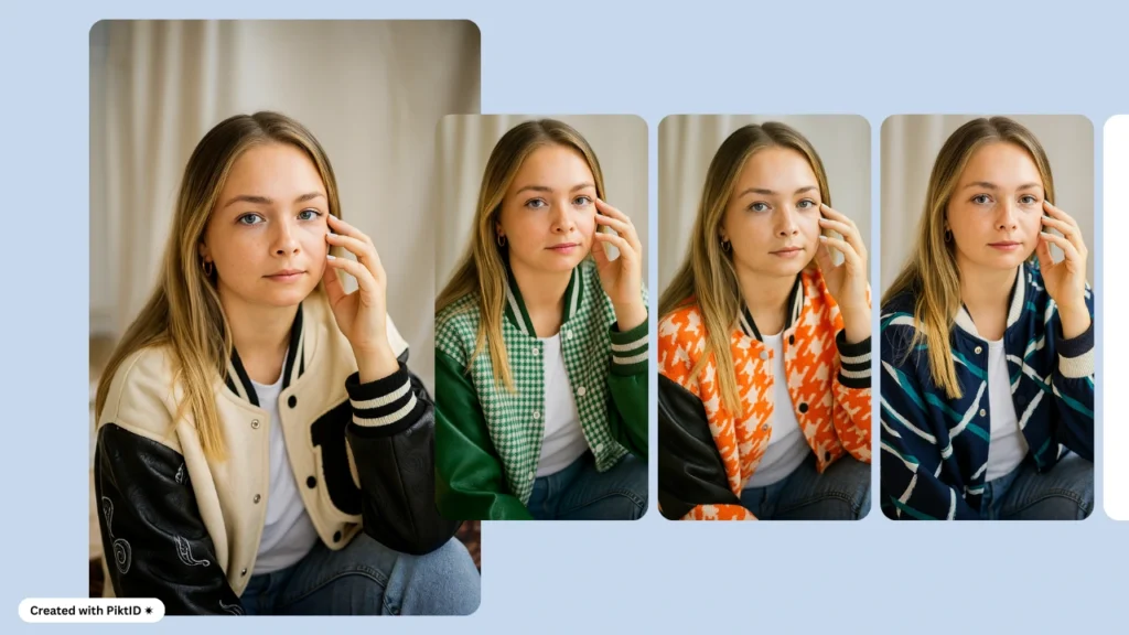 Una giovane donna bionda è seduta in un interno e indossa diversi stili di giacche universitarie generate digitalmente. L'immagine mostra varianti di abbigliamento create dall'intelligenza artificiale nei toni del verde, arancione, blu navy e crema.