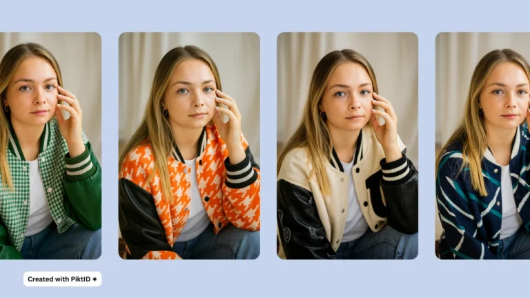 Collage de moda generado por IA que muestra a una mujer rubia con cuatro diseños de chaqueta y poses diferentes. El uso de AI Dress Up de PiktID en cada estilo muestra cómo los cambios de vestuario virtuales pueden transformar el look de la misma modelo.