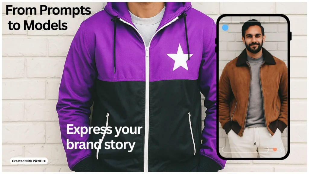 Un uomo indossa una felpa con cappuccio viola e nera con zip e una stella bianca, accanto a un mockup di telefono che mostra un altro uomo con una giacca scamosciata marrone. L'immagine promuove strumenti di moda basati sull'intelligenza artificiale che trasformano i suggerimenti in modelli di outfit.