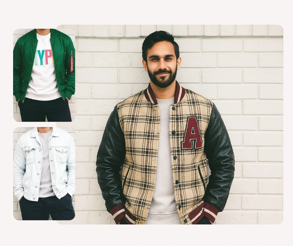 L'uomo indossa una giacca college scozzese e due miniature più piccole raffigurano giacche verdi e di jeans chiaro. L'immagine mostra l'abbigliamento e la varietà del guardaroba dell'IA.