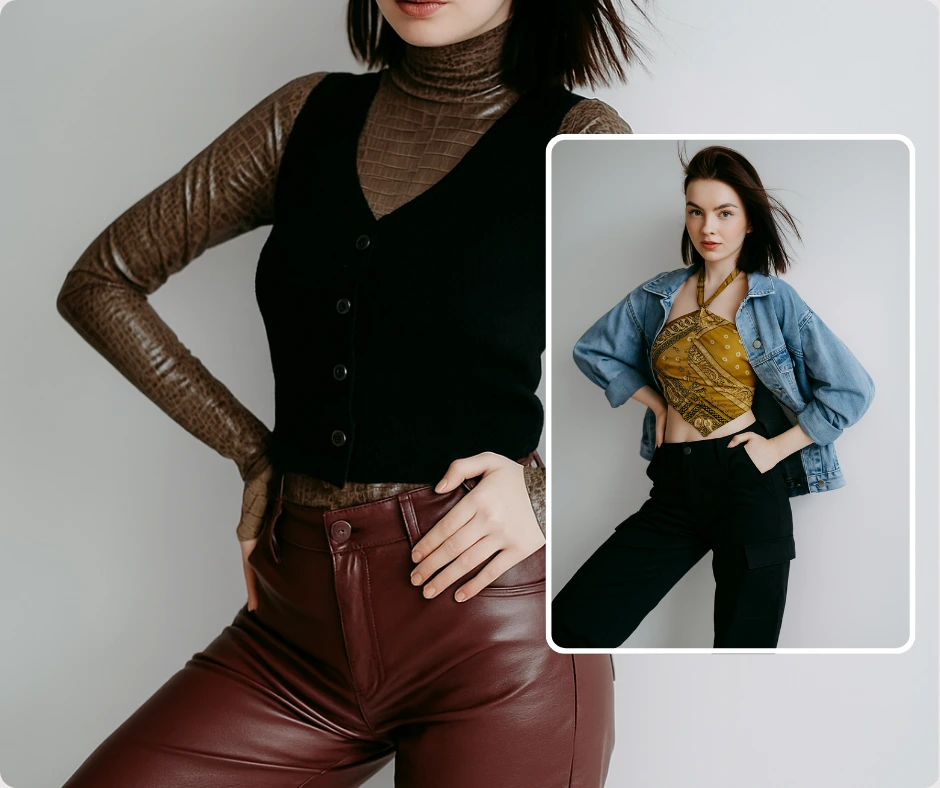 Una donna con i capelli corti e scuri è ritratta in due abiti diversi, uno con pantaloni di pelle e gilet nero e l'altro con giacca di jeans e top stampato. L'immagine si concentra sui cambiamenti di stile e sulla versatilità dell'abbigliamento.