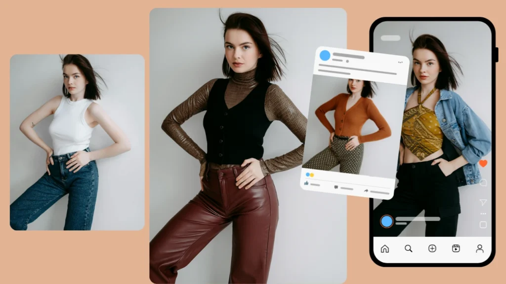 Una donna bruna posa in diversi outfit generati dall'intelligenza artificiale in mockup in stile Instagram e Facebook. La grafica evidenzia lo styling virtuale per la creazione di contenuti sui social media.