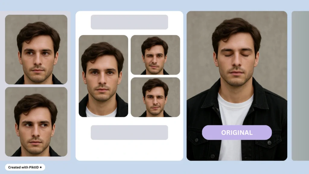 Un hombre con chaqueta negra se muestra en varias poses de retrato con diversas expresiones faciales, incluyendo ojos cerrados y guiñando el ojo. El diseño resalta tanto su imagen original como expresiones alternativas sobre un fondo azul suave.