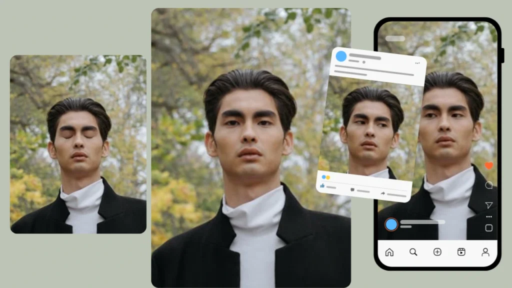 Varias tomas de un hombre al aire libre con un jersey de cuello alto blanco y un abrigo negro se combinan con elementos gráficos de redes sociales, como un marco de smartphone y vistas previas de publicaciones flotantes. Sus expresiones varían desde los ojos cerrados hasta la mirada directa.