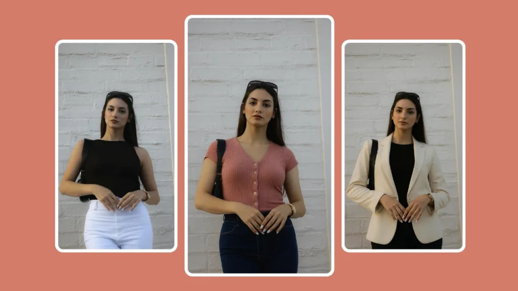 AI-generated fashion look book showing a young woman wearing three different stylish outfits using a virtual outfit changer for digital styling.