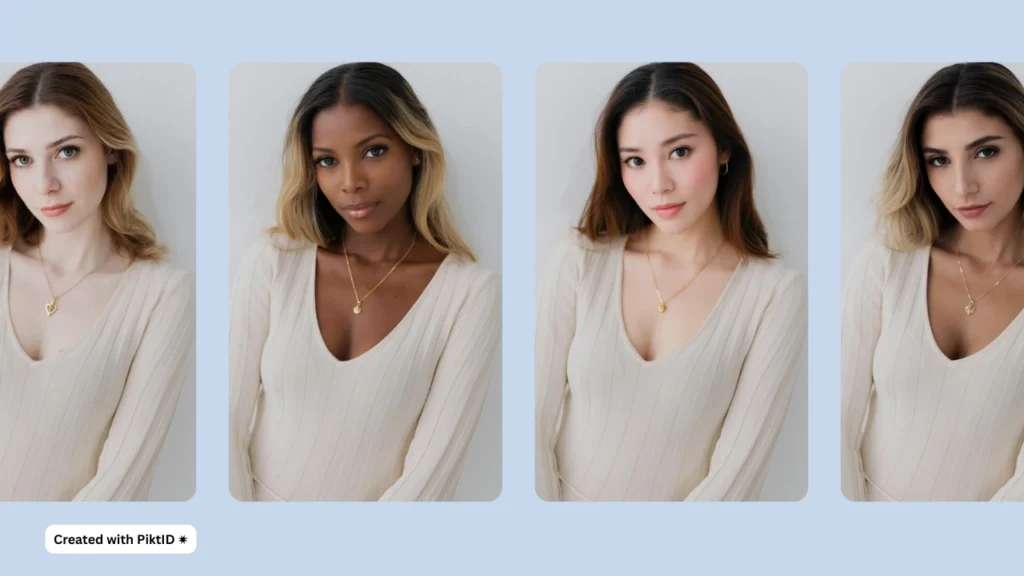 AI fashion look book featuring four diverse female models of different ethnicities created with Piktid, showcasing inclusivity in digital fashion.