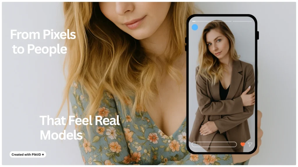 AI artwork “From Pixels to People,” showing the transformation of digital pixels into realistic fashion lookbook models for virtual styling inspiration.