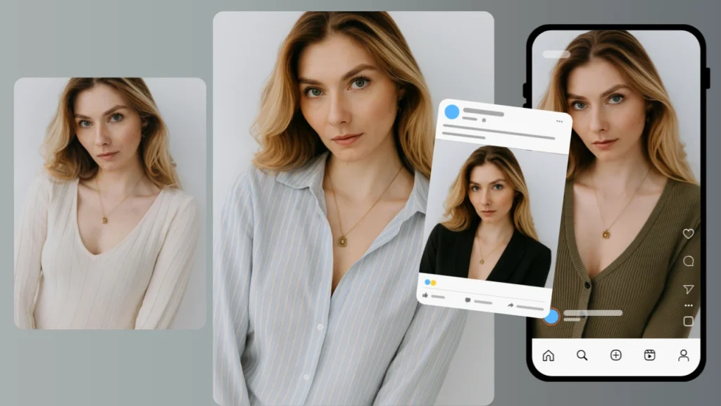 PiktID generated young woman using a digital outfit changer styled with an Instagram photo preset, ideal for social media fashion inspiration.