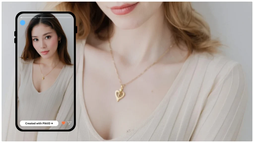 AI lookbook model styled with an iPhone photography preset, enhancing a digital outfit changer with warm tones for lifestyle fashion presentation.