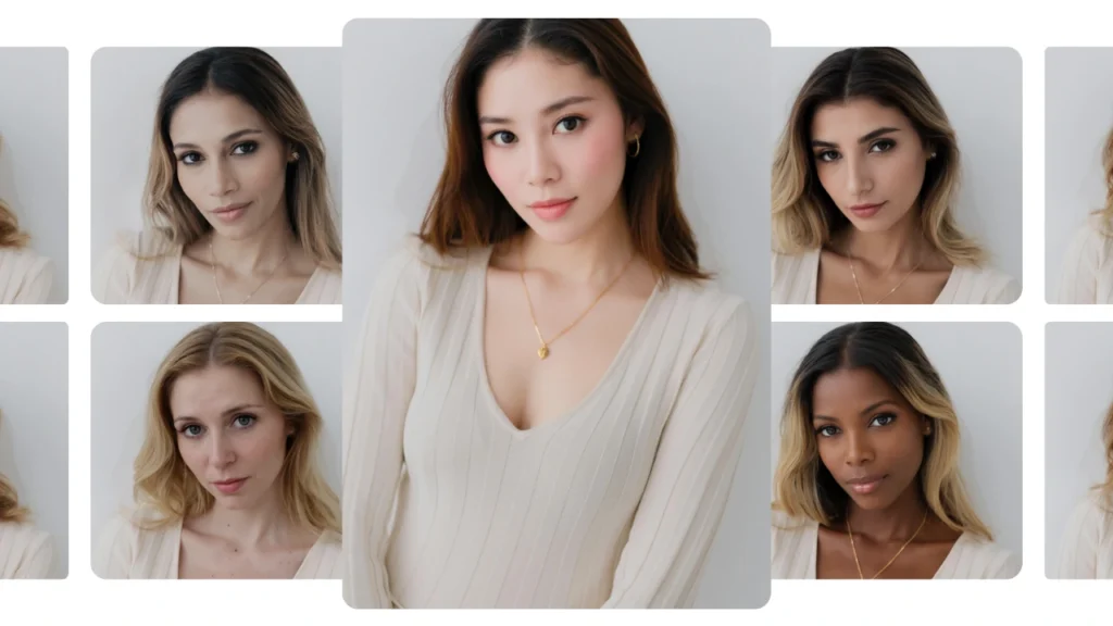 Group of AI-generated models with PiktID representing women from different ethnicities, showcasing inclusivity and diversity in digital fashion styling.