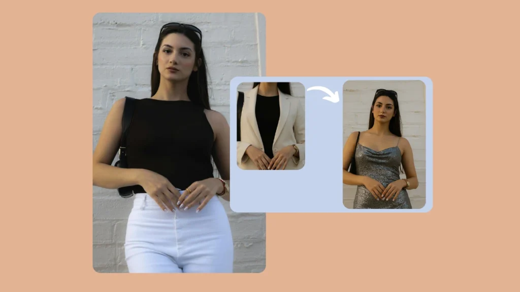 AI looks enhancer showing a woman’s outfit transformation using PiktID, from a casual black top with white jeans to a silver evening dress. Digital fashion styling demonstrates how PiktID can instantly change looks.