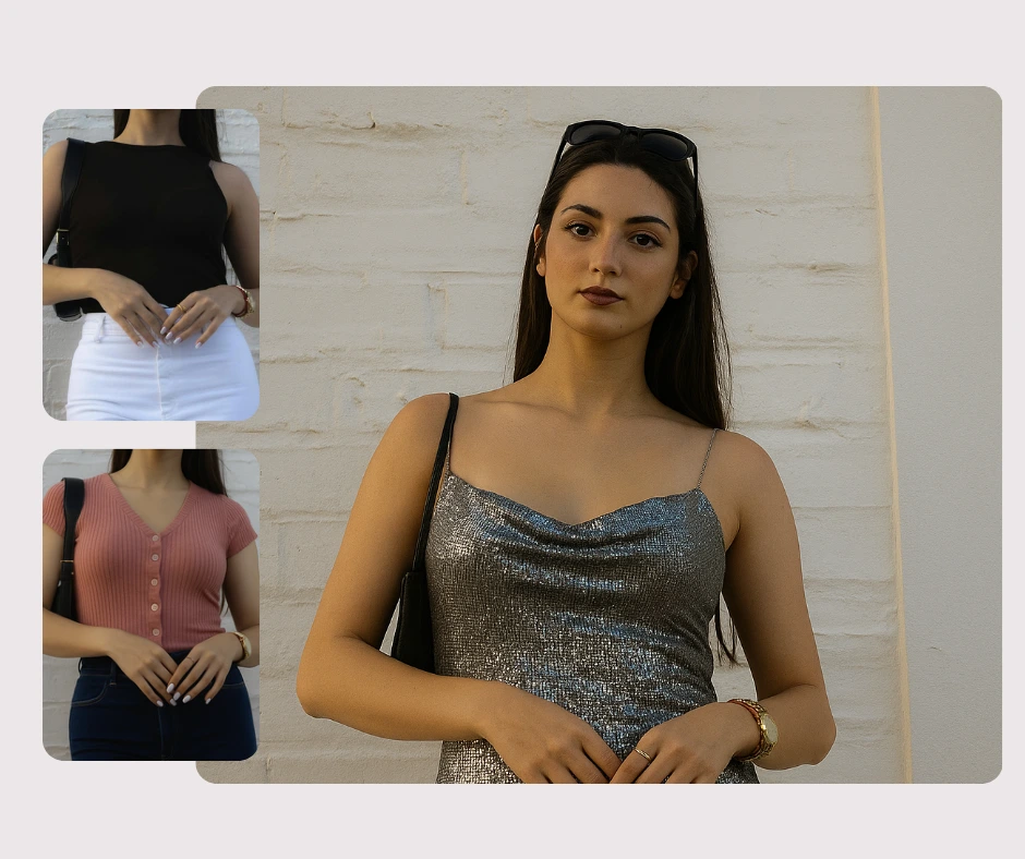 AI outfit changer with PiktID displaying a model in different tops and a glamorous silver dress. The AI styling tool allows brands to preview outfit variations without physical photoshoots.