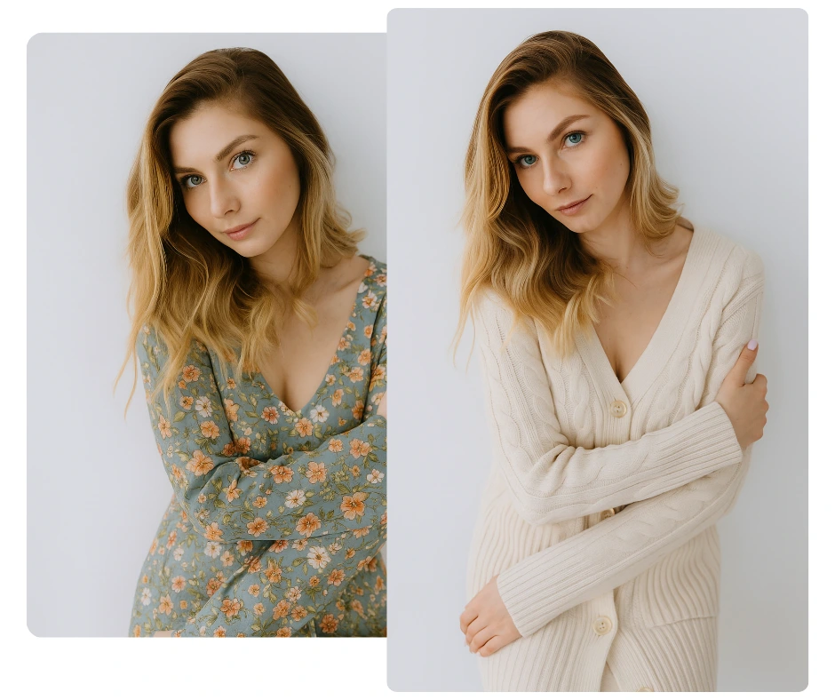 Side-by-side comparison showing the same model in a floral dress and a cream cardigan. PiktID demonstrates digital outfit swapping for fashion e-commerce and lookbook creation.