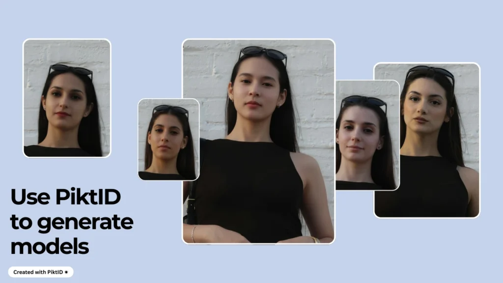 AI-generated models created with PiktID, featuring different variations of the same person in stylish poses. PiktID demonstrates its ability to generate diverse fashion model faces for digital campaigns.