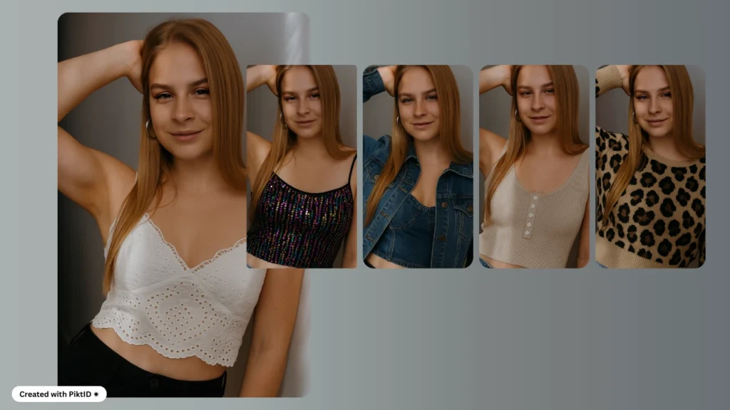 Eine junge Frau posiert in verschiedenen lässigen Outfits, die mit PiktID erstellt wurden – von bauchfreien Tops bis hin zur Jeansjacke. Das Lookbook legt den Schwerpunkt auf trendige und alltagstaugliche Kleidungsoptionen.