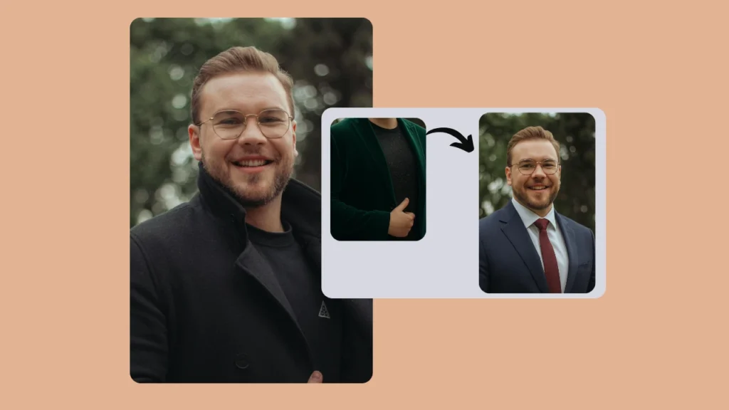 A man smiles while PiktID swaps his coat for a suit and tie using PiktID's Studio technology. The image demonstrates how digital styling can instantly transform a look from casual to professional.