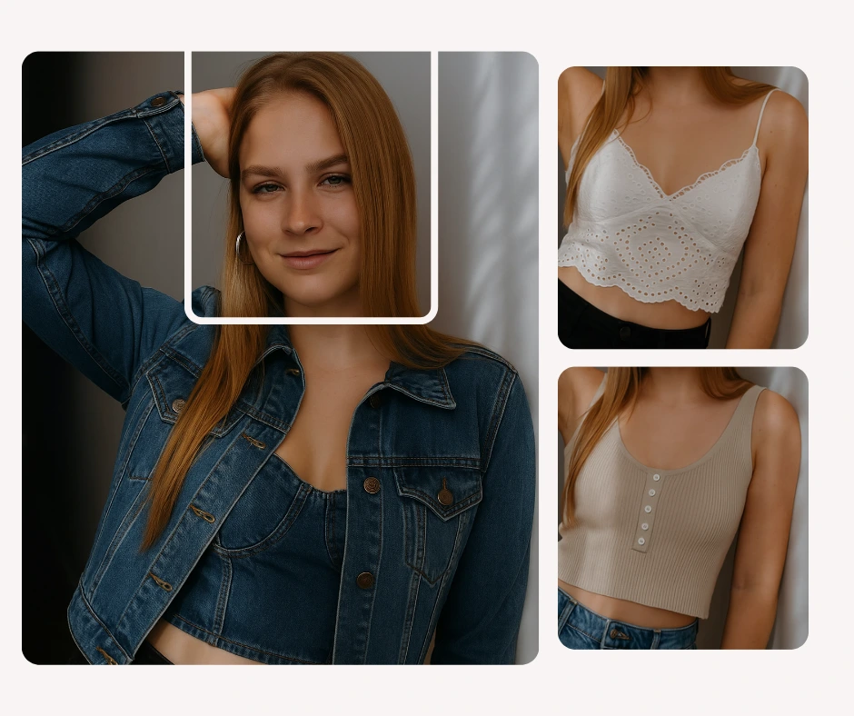 Die PiktID-Oberfläche zeigt eine Frau in einem schwarzen Outfit mit mehreren Kleidungsoptionen zur Erstellung eines Lookbooks. Das KI-Tool ermöglicht es Benutzern, verschiedene Stile in der Vorschau anzuzeigen, bevor sie ihren Favoriten auswählen.