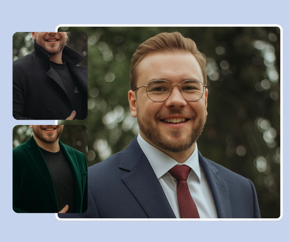 Ein KI-Outfit-Wechsler stylt einen Mann in drei verschiedenen Looks, darunter einen grünen Blazer, einen marineblauen Anzug und einen schwarzen Mantel. Das digitale Modetool bietet Vielseitigkeit für professionelle und legere Anlässe.