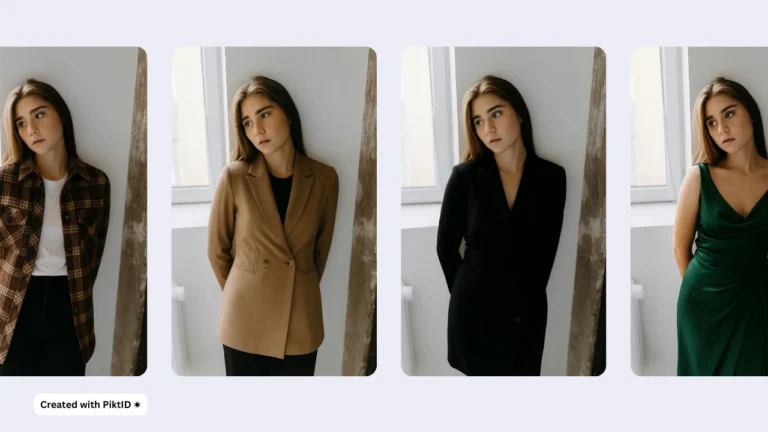 Una joven muestra cuatro conjuntos: una chaqueta de cuadros, un blazer marrón, un traje negro y un vestido verde. El lookbook generado por IA muestra cómo una foto puede transformarse en diferentes estilos de moda.