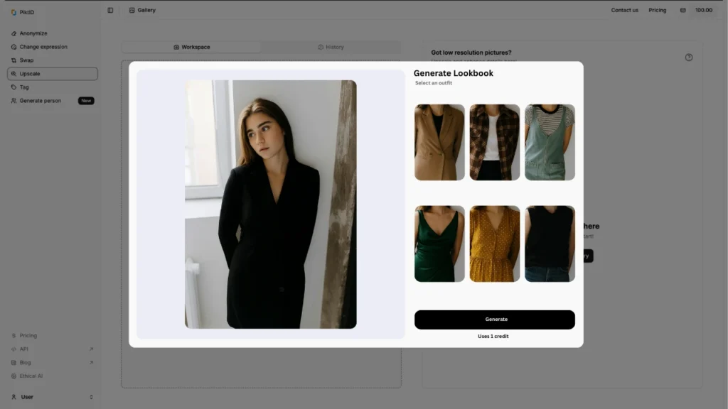 Die Benutzeroberfläche der PiktID-Plattform zeigt, wie man durch die Auswahl verschiedener KI-Outfit-Optionen ein Lookbook für eine junge Frau erstellt. Benutzer können ganz einfach online mit verschiedenen Modestilen experimentieren.