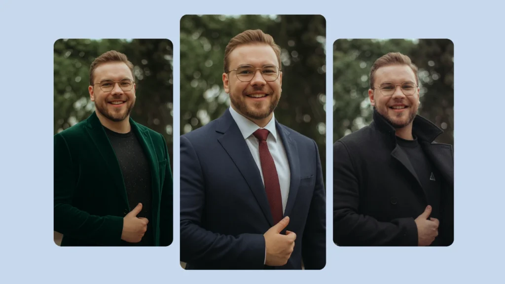 Ein lächelnder Mann mit Brille posiert in einem eleganten marineblauen Anzug und einer roten Krawatte, die mit einem KI-Outfit-Wechsler erstellt wurde. Kleinere Bilder zeigen seine alternativen Looks in einer grünen Samtjacke und einem schwarzen Mantel.