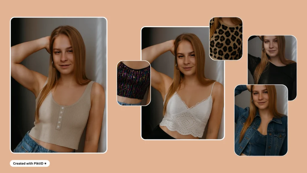 KI-Outfit-Wechsler zeigt eine junge Frau, die mehrere stylische Oberteile präsentiert, darunter ein beiges Tanktop, ein weißes Spitzen-Crop-Top, eine Jeansjacke und eine schwarze Bluse. Virtuelle Modeanprobe zeigt trendige Freizeitlooks für Frauen.