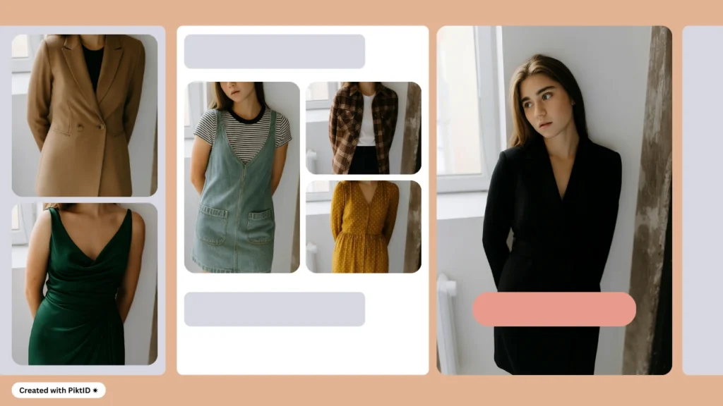 KI-basiertes Mode-Anprobetool mit einer jungen Frau in verschiedenen Outfits, darunter ein schwarzes Kleid, ein Kamelblazer, ein grünes Abendkleid, eine Jeans-Schürze und ein kariertes Hemd. Der virtuelle Outfit-Wechsler demonstriert vielseitige Damenkleidungsstile.