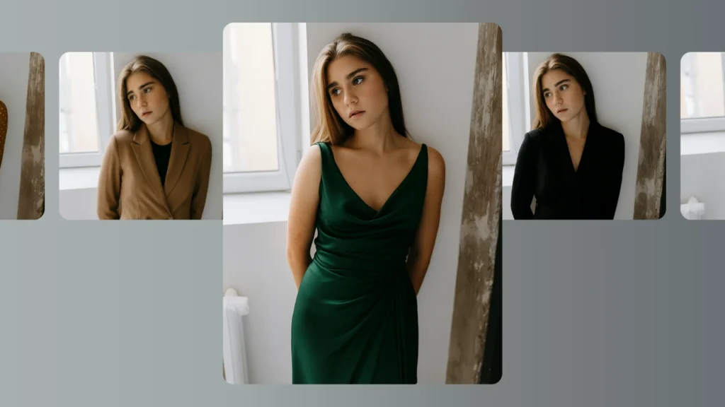 Eine junge Frau in drei verschiedenen Looks: ein schicker Kamelblazer, ein elegantes grünes Abendkleid und ein klassisches schwarzes Kleid. Virtuelle Modeanprobe zeigt vielseitige Stiltransformationen für Damenbekleidung