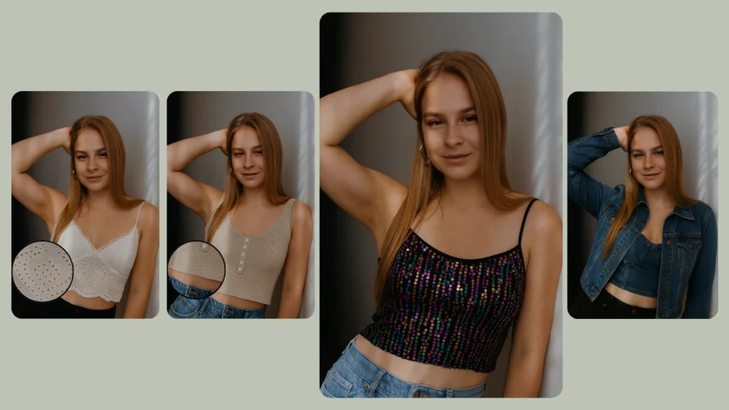 PiktID zeigt eine junge Frau in vier trendigen Looks: einem weißen Spitzen-Crop-Top, einem beigefarbenen gerippten Tanktop, einem Pailletten-Party-Top und einem Jeansjacken-Set. Das virtuelle Anprobe-Tool zeigt stylische Kleidungsoptionen für Freizeit und Party.