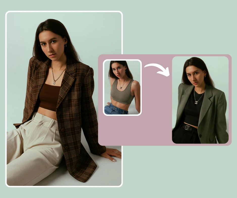 Eine Frau posiert in einem braunkarierten Blazer mit beiger Hose. Kleinere Bilder zeigen sie in lässigen und formellen Outfit-Variationen. Das Layout betont schicke Lagenlooks und stilvolle Modeübergänge.