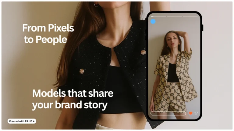 Imagen destacada de IA en tecnología de moda que muestra la transformación de un atuendo de mujer en la pantalla de un smartphone. Las herramientas de prueba digital conectan a las marcas con los consumidores modernos mediante el estilismo virtual.