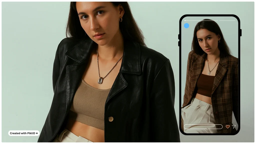 Die Outfit-Anprobe von PiktID zeigt eine Frau in einer Lederjacke, während auf dem Smartphone-Bildschirm eine Vorschau auf einen karierten Blazer-Look angezeigt wird. Virtuelle Styling-Tools verbessern das E-Commerce-Erlebnis im Modebereich.