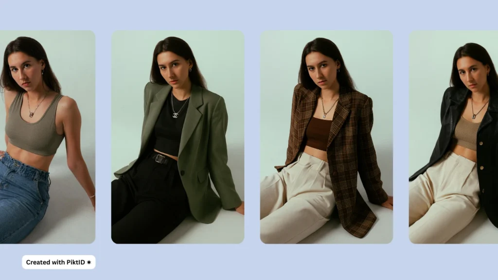 KI-Outfit-Anprobetool für eine Frau mit schwarzem Haar in verschiedenen schicken Looks, darunter bauchfreie Tops, Blazer und maßgeschneiderte Hosen. Dank digitaler Modetechnologie können vielseitige Outfits sofort in der Vorschau angezeigt werden.