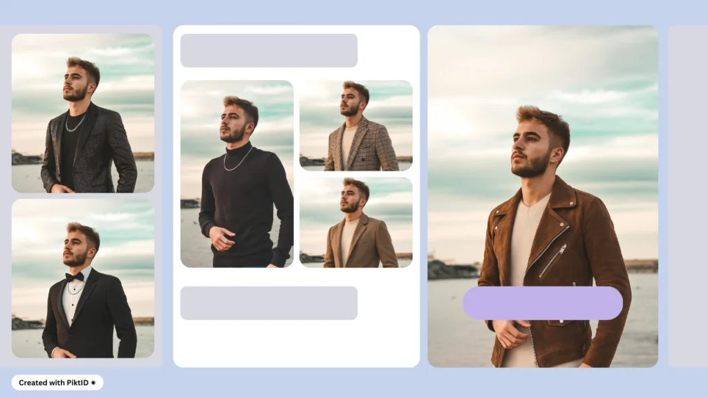Ein stylischer junger Mann posiert in verschiedenen Outfits, darunter schwarzer Rollkragenpullover, karierter Blazer, Lederjacke und Smoking, vor einer malerischen Kulisse. Die Collage unterstreicht die Vielseitigkeit der Herrenmode für Social Media und Lifestyle-Branding.
