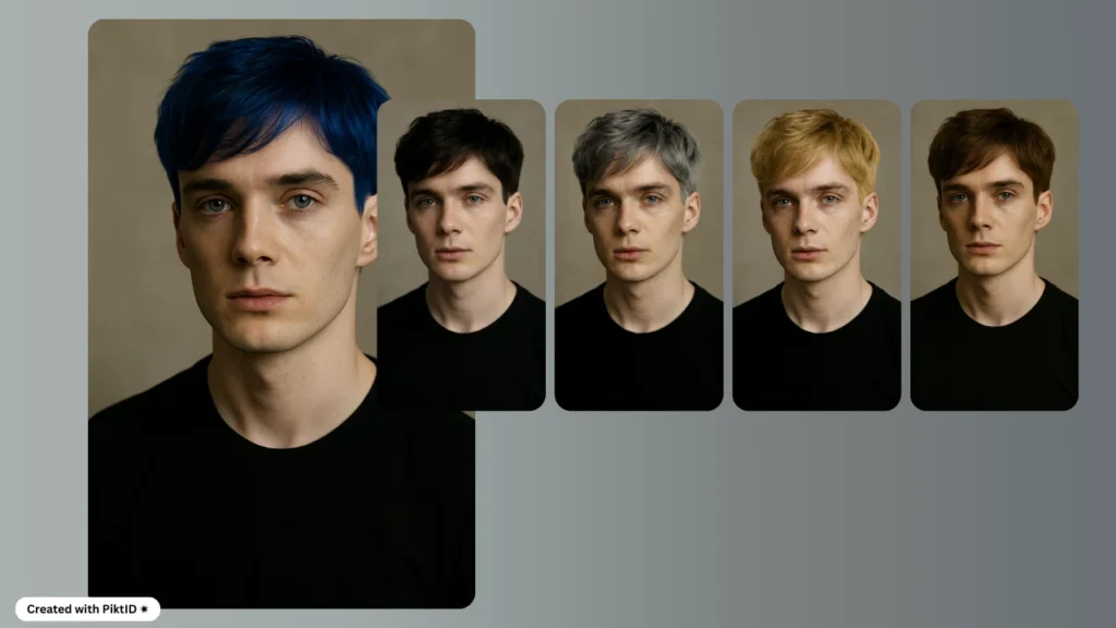 Five variations of a man’s hairstyle with virtual hair colors: blue, black, gray, blonde, and brown. The photo demonstrates how hair color impacts personal style.