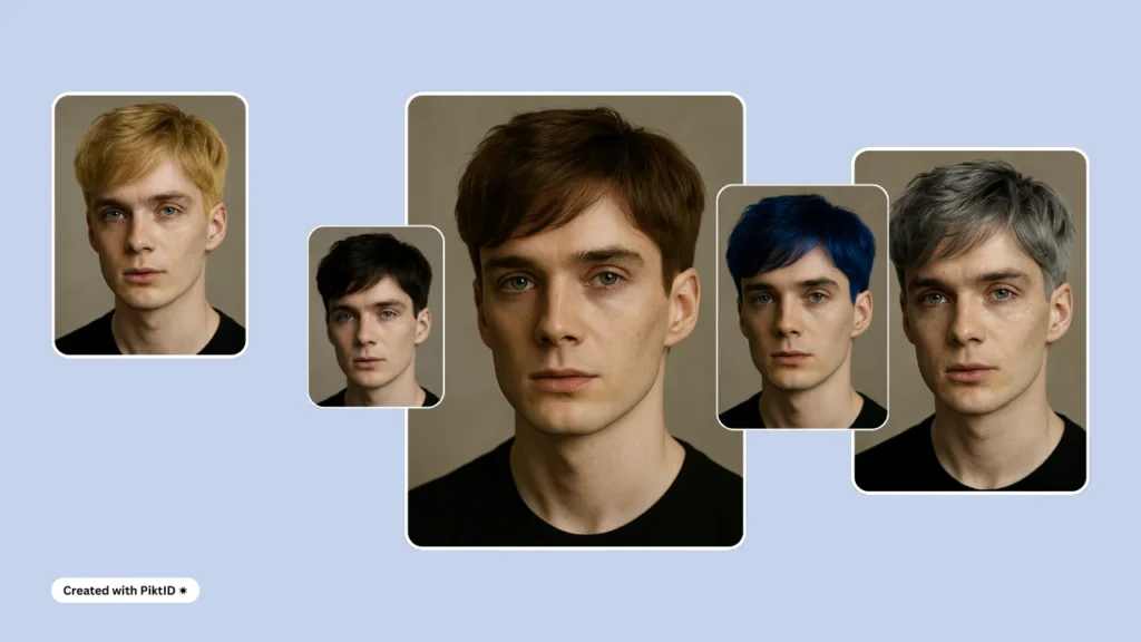 A man with short hair shows five different virtual hair colors including blonde, brown, blue, black, and gray. The collage is designed for trying out hair color ideas before dyeing.