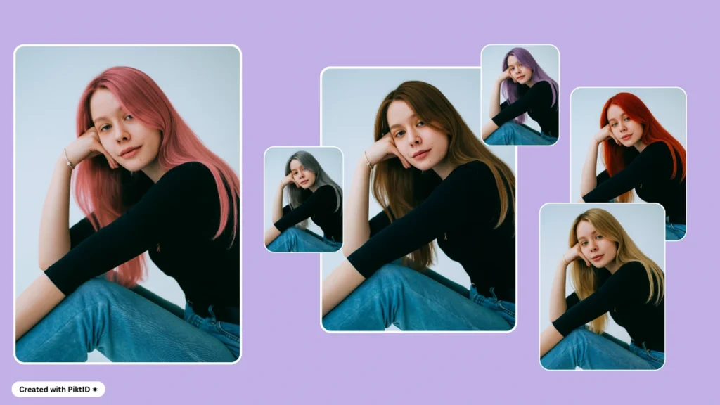 A young woman with long straight hair tests six hair color options: pink, brown, gray, blonde, red, and purple. The side-by-side images provide a virtual hairstyle makeover preview.