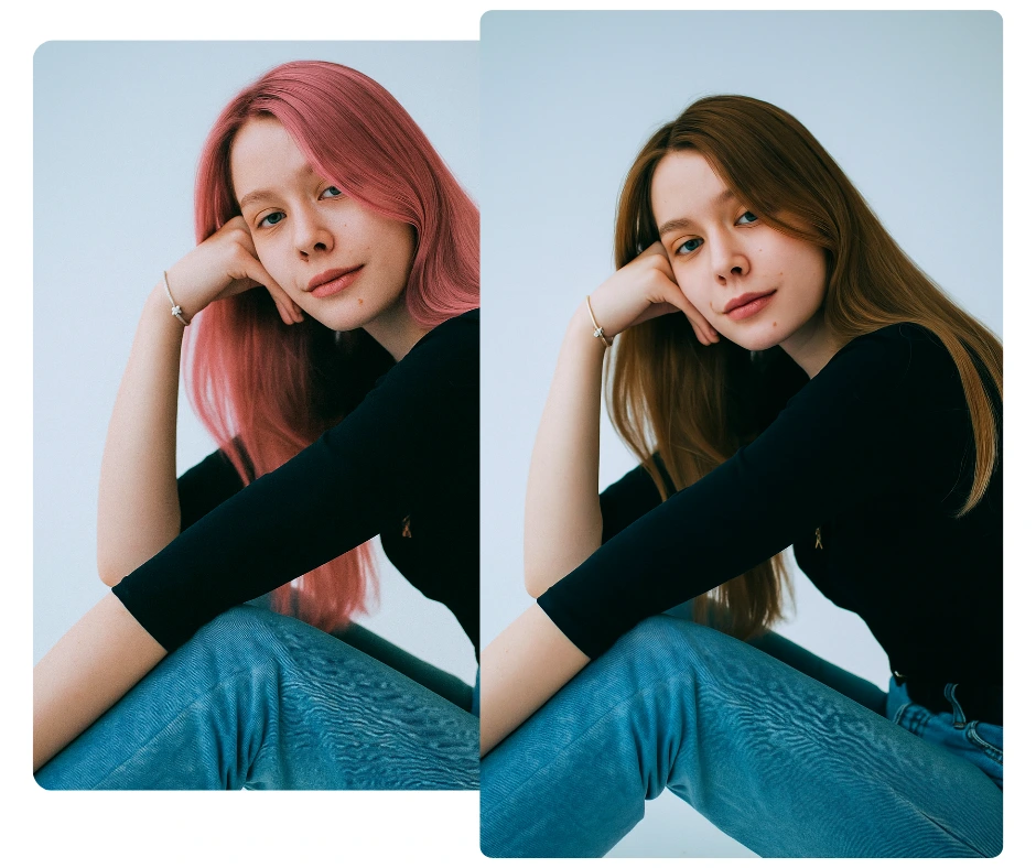 Side-by-side comparison of virtual hair colors. A young woman’s hair is digitally altered from pink to brown, displaying realistic hairstyle transformations.