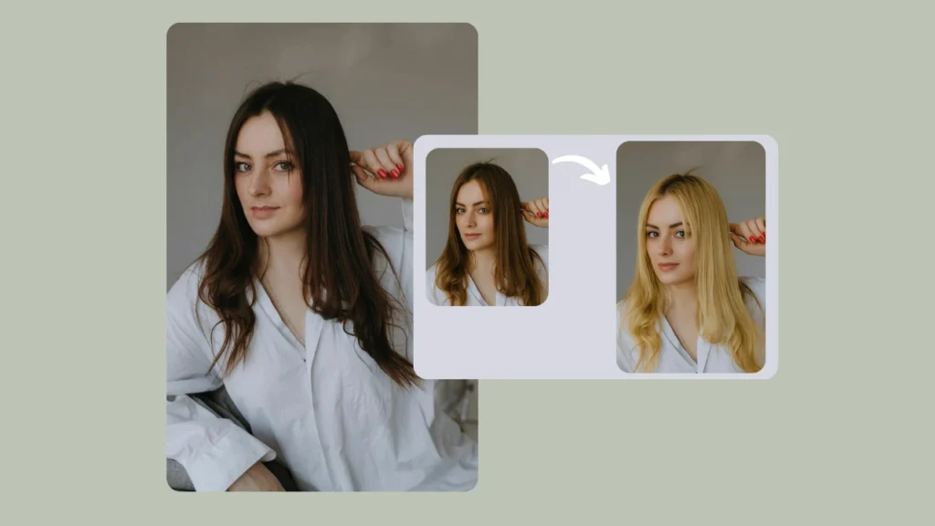 Hair color transformation from brunette to blonde. A realistic before-and-after image shows how try-on apps can instantly change styles.